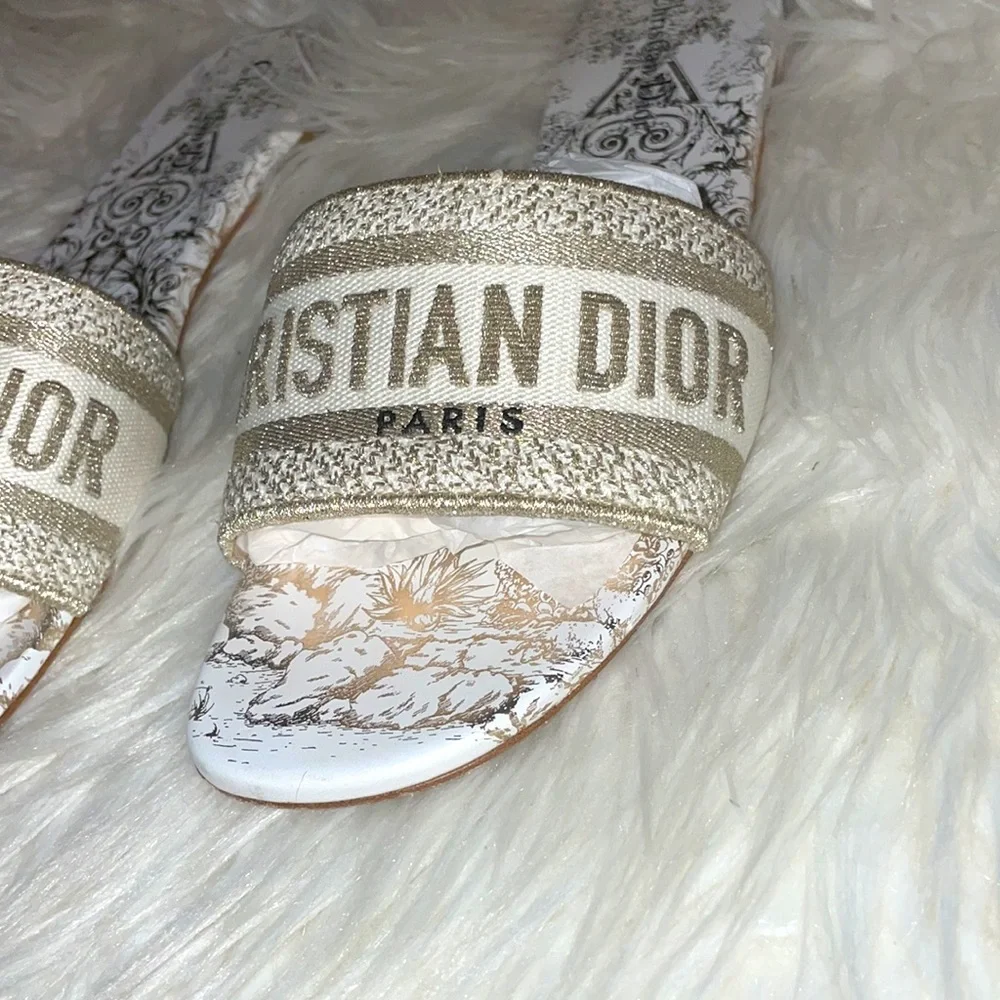 DWAY SLIDE White and Gold-Tone Cotton Embroidered with Dior Daw Stelle - Picture 4 of 7